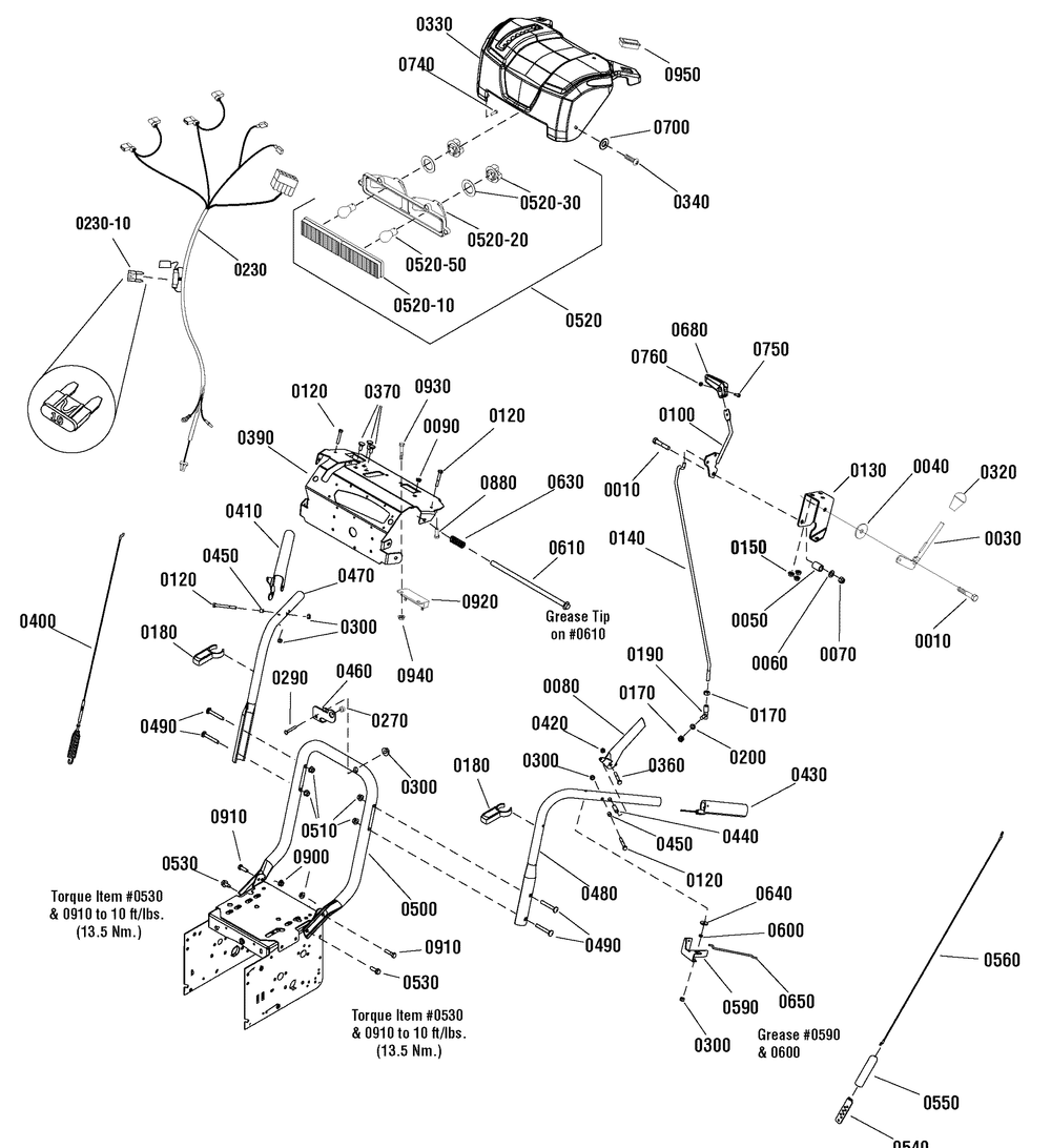 Handles And Controls Group Diagram and Parts List for 1695867-CM741450S 2010 Briggs and Stratton Snow Blower